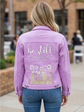 Upcycled PinchMe Lilac Jean Jacket with Hand Painted Floral Design and Scripture
